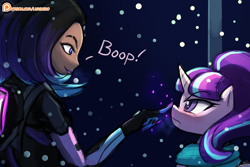 Size: 1125x750 | Tagged: safe, artist:lumineko, starlight glimmer, human, pony, unicorn, angry, blushing, boop, clothes, crossover, cute, dialogue, duo, female, frown, glare, lipstick, mare, nose wrinkle, overwatch, patreon, patreon logo, scarf, signature, smiling, smirk, snow, snowfall, sombra (overwatch), that was fast, unamused
