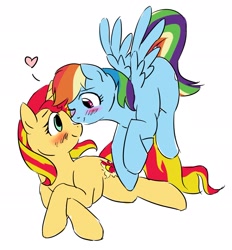 Size: 1777x1913 | Tagged: safe, artist:catlover1672, rainbow dash, sunset shimmer, pegasus, pony, unicorn, blushing, female, flying, heart, lesbian, looking at each other, shipping, simple background, smiling, sunsetdash, white background