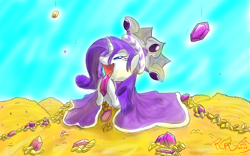 Size: 1280x800 | Tagged: safe, artist:reginart-renart, princess platinum, rarity, pony, unicorn, bits, gameloft, gem, gold, happy, pile, solo