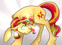 Size: 846x616 | Tagged: safe, artist:chromaflow, sunset shimmer, pony, unicorn, equestria girls, big crown thingy, crown, element of magic, jewelry, regalia, shy, solo