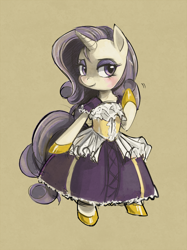 Size: 700x938 | Tagged: safe, artist:yottabytes, rarity, pony, semi-anthro, unicorn, bedroom eyes, bipedal, blushing, clothes, dress, hoof shoes, looking at you