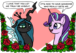 Size: 598x419 | Tagged: safe, artist:gingerfoxy, queen chrysalis, starlight glimmer, changeling, changeling queen, pony, unicorn, crack shipping, female, flower, glimmerlis, heart, lesbian, pony couple generator, rose, shipping