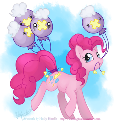 Size: 729x789 | Tagged: safe, artist:cunningfox, pinkie pie, earth pony, pony, crossover, drifloon, mouth hold, pokémon