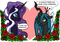 Size: 599x421 | Tagged: safe, artist:gingerfoxy, nightmare rarity, queen chrysalis, changeling, changeling queen, pony, unicorn, female, flower, heart, lesbian, nightmare rarilis, pony couple generator, rose, shipping