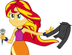 Size: 2606x1993 | Tagged: safe, artist:alicornoverlord, sunset shimmer, equestria girls, rainbow rocks, .svg available, clothes, jacket, microphone, simple background, sleeveless, solo, the coats are off, transparent background, undressing, vector, welcome to the show