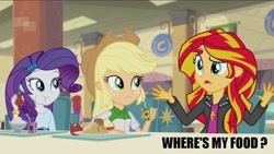 Size: 1280x720 | Tagged: safe, applejack, rarity, sunset shimmer, equestria girls, rainbow rocks, cafeteria