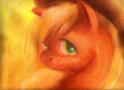 Size: 900x655 | Tagged: safe, artist:wolfiedrawie, applejack, earth pony, pony, blonde mane, female, mare, orange coat, solo