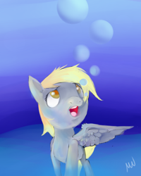 Size: 2400x3000 | Tagged: safe, artist:wanderereclipse, derpy hooves, pegasus, pony, bubble, female, mare, solo, underwater