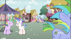 Size: 1324x740 | Tagged: safe, derpibooru import, screencap, applejack, derpy hooves, fluttershy, pinkie pie, rainbow dash, rarity, twilight sparkle, twilight sparkle (alicorn), alicorn, earth pony, pegasus, pony, unicorn, it isn't the mane thing about you, discovery family logo, female, mane six, mare, mohawk, mohawks for everypony