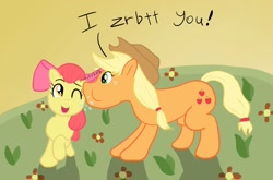 Size: 1198x791 | Tagged: safe, artist:jarntazecht, apple bloom, applejack, earth pony, pony, onomatopoeia, raspberry, raspberry noise, the cosby show