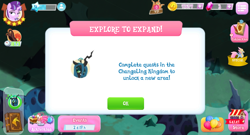 Size: 1024x552 | Tagged: safe, queen chrysalis, starlight glimmer, changeling, changeling queen, pony, unicorn, changeling kingdom, game screencap, gameloft, smiling, smirk, tutorial