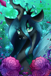 Size: 1024x1536 | Tagged: safe, artist:animechristy, queen chrysalis, changeling, changeling queen, abstract background, bust, fangs, female, flower, lidded eyes, looking at you, petals, rose, solo