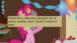 Size: 500x281 | Tagged: safe, screencap, pinkie pie, earth pony, pony, a bird in the hoof, balloon, cake, meta, offensive ponies, pie, text