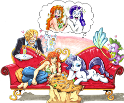 Size: 1350x1125 | Tagged: safe, artist:irie-mangastudios, rarity, spike, dragon, pony, unicorn, crossover, gem, nami, one piece, sofa, thought bubble, traditional art, treasure, vinsmoke sanji