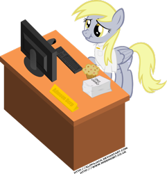 Size: 1024x1061 | Tagged: safe, artist:elppa, derpy hooves, pegasus, pony, computer, desk, female, mare, muffin, scrunchy face, simple background, transparent background