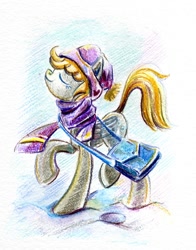 Size: 640x818 | Tagged: safe, artist:maytee, derpy hooves, pegasus, pony, clothes, female, mare, scarf, traditional art, winter