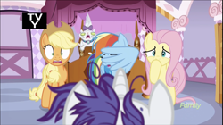 Size: 1324x740 | Tagged: safe, derpibooru import, screencap, applejack, fluttershy, opalescence, rainbow dash, rarity, earth pony, pegasus, pony, unicorn, it isn't the mane thing about you, discovery family logo, facewing, female, mare, raribald, shocked, tv-y, varying degrees of do not want