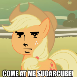 Size: 592x587 | Tagged: safe, applejack, earth pony, pony, come at me bro, female, mare, meme, yaranaika