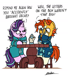 Size: 1495x1689 | Tagged: safe, artist:bobthedalek, starlight glimmer, sunburst, pony, unicorn, annoyed, bathrobe, bed mane, chair, clothes, dialogue, duo, eye contact, frown, glare, looking at each other, messy mane, open mouth, robe, simple background, sitting, squishy cheeks, stool, table, teapot, white background, wide eyes