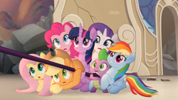 Size: 1777x1000 | Tagged: safe, derpibooru import, screencap, applejack, fluttershy, pinkie pie, rainbow dash, rarity, spike, twilight sparkle, twilight sparkle (alicorn), alicorn, dragon, earth pony, pegasus, pony, unicorn, my little pony: the movie, canterlot, cute, destroyed building, female, male, mane seven, mane six, mare, rubble, scared, smiling, staff, staff of sacanas, twiabetes, varying degrees of want