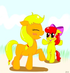 Size: 984x1032 | Tagged: safe, artist:danadyu, apple bloom, applejack, earth pony, pony, blonde hair, female, filly, mare, orange coat, red mane, sisters