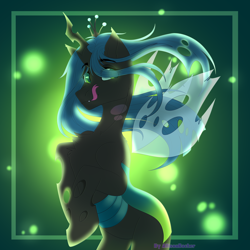 Size: 2000x2000 | Tagged: safe, artist:allisonbacker, queen chrysalis, changeling, changeling queen, chest fluff, ear fluff, eye clipping through hair, female, hair over one eye, looking at you, rearing, shoulder fluff, signature, solo, tongue out