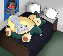 Size: 900x794 | Tagged: safe, artist:andrewc691, derpy hooves, pegasus, pony, bed, crossover, female, mare, pillow, pokémon, poster, snorlax