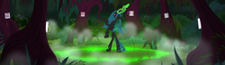 Size: 1367x398 | Tagged: safe, screencap, queen chrysalis, changeling, changeling queen, the mean 6, cropped, everfree forest, female, glowing horn, magic, magic circle, rearing, runes, solo