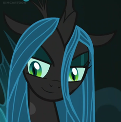 Size: 938x944 | Tagged: safe, edit, edited screencap, editor:queenchrysalis2017, screencap, queen chrysalis, changeling, changeling queen, the mean 6, beautiful, cropped, everfree forest, female, forest, former queen chrysalis, looking down, smiling, solo