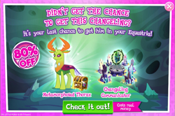 Size: 795x529 | Tagged: safe, queen chrysalis, thorax, changedling, changeling, changeling queen, advertisement, costs real money, gameloft, king thorax, official