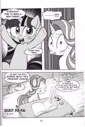 Size: 4064x6041 | Tagged: safe, artist:k-nattoh, starlight glimmer, twilight sparkle, twilight sparkle (alicorn), alicorn, pony, absurd resolution, blushing, book, bust, comic, dialogue, exclamation point, grayscale, ink, levitation, looking at you, looking down, magic, manga, monochrome, open mouth, pen pal, portrait, quill, telekinesis, translation, underhoof, wide eyes
