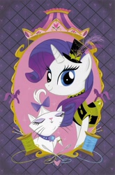 Size: 1265x1920 | Tagged: safe, artist:stephanie buscema, idw, opalescence, rarity, pony, unicorn, clothes, comic, cover, dress, hat, official