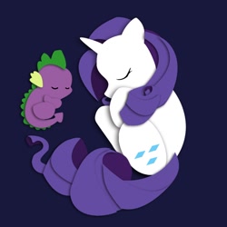 Size: 1200x1200 | Tagged: safe, artist:the-paper-pony, rarity, spike, dragon, pony, unicorn, female, horn, male, mare, sleeping