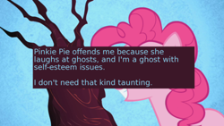 Size: 500x281 | Tagged: safe, edit, edited screencap, screencap, pinkie pie, earth pony, pony, friendship is magic, meta, offensive ponies, text, tree