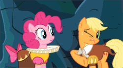 Size: 356x200 | Tagged: safe, screencap, applejack, chancellor puddinghead, pinkie pie, smart cookie, earth pony, pony, hearth's warming eve (episode), animated, cute, faic, hearth's warming eve, hug, scrunchy face