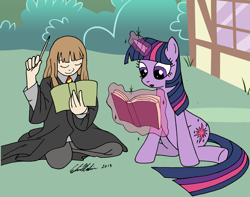 Size: 2439x1923 | Tagged: safe, artist:redapropos, derpibooru import, twilight sparkle, human, book, crossover, harry potter, hermione granger, magic, wand