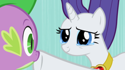 Size: 1000x563 | Tagged: safe, screencap, rarity, spike, dragon, pony, unicorn, secret of my excess, crying