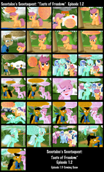 Size: 1600x2643 | Tagged: safe, artist:ajmstudios, berry punch, berryshine, cheerilee, derpy hooves, lyra heartstrings, minuette, scootaloo, oc, oc:officer cuffs, pegasus, pony, car, comic, coughing, female, mare, police, scootaquest, sick, sneezing, zippermouth