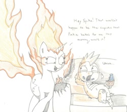 Size: 1364x1203 | Tagged: safe, artist:doccobb, derpibooru import, spike, twilight sparkle, dragon, angry, dialogue, eating, fire, food, muffin, rapidash, rapidash twilight, scared, sofa, traditional art