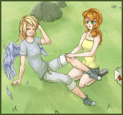 Size: 2290x2130 | Tagged: safe, artist:missangest, carrot top, derpy hooves, golden harvest, human, blood, derpytop, female, humanized, lesbian, shipping, winged humanization