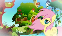 Size: 1226x720 | Tagged: safe, fluttershy, pegasus, pony, alternate hairstyle, female, fluttershy's cottage, mare, pink mane, yellow coat