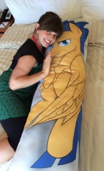 Size: 624x1024 | Tagged: safe, artist:crusadervx, flash sentry, sunset shimmer, human, body pillow, bronycan, husbando thief, implied flashimmer, irl, irl human, photo, rebecca shoichet, voice actor, voice actor joke, voice actors with body pillows