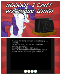 Size: 485x600 | Tagged: safe, rarity, pony, unicorn, computer, exploitable meme, i can't wait that long, tv meme, waiting, windows 98