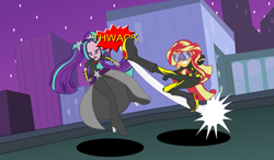 Size: 1302x761 | Tagged: safe, artist:darktailsko, aria blaze, sunset shimmer, equestria girls, fight, kick