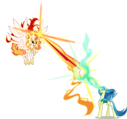 Size: 6000x5600 | Tagged: safe, artist:orin331, daybreaker, queen chrysalis, alicorn, changedling, changeling, changeling queen, pony, absurd resolution, beam struggle, blast, duo, female, magic, magic beam, magic blast, mane of fire, mare, merged daybreaker, merged zamasu, purified chrysalis, role reversal, simple background, transparent background