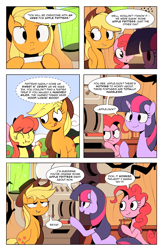 Size: 1320x2040 | Tagged: safe, artist:karzahnii, derpibooru import, apple bloom, applejack, pinkie pie, twilight sparkle, earth pony, pony, apple fritter (food), comic, eeyup, food, tales from ponyville