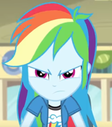 Size: 362x410 | Tagged: safe, derpibooru import, screencap, rainbow dash, equestria girls, rainbow rocks, angry, canteen, canterlot high, clothes, cropped, female, looking at you, pinkie in the one, shorts, solo