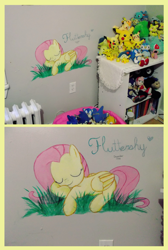 Size: 3168x4712 | Tagged: safe, artist:fallenpeach, fluttershy, pegasus, pikachu, pony, absurd resolution, amy rose, bulbasaur, crossover, cyndaquil, lickitung, lucario, miles "tails" prower, painted, photo, pichu, piplup, pokémon, raichu, sleeping, sonic the hedgehog, sonic the hedgehog (series), squirtle, wall