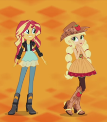 Size: 640x726 | Tagged: safe, edit, screencap, applejack, sunset shimmer, equestria girls, friendship through the ages, rainbow rocks, alternate hairstyle, boots, country applejack, cropped, cute, dancing, grin, height, high heels, jackabetes, linedancing, pigtails, shimmerbetes, sleeveless, smiling, spurs