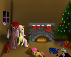Size: 1600x1280 | Tagged: safe, artist:jasonthedemon, angel bunny, fluttershy, oc, oc:daemon, oc:firefly, original species, pegasus, pony, bat wings, canon x oc, christmas stocking, christmas tree, coal, female, fireplace, hearth's warming, male, offspring, parent:fluttershy, parent:oc:daemon, parents:canon x oc, present, shipping, straight, tree